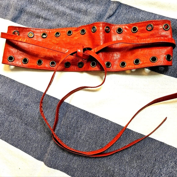 Vintage Accessories - Vintage 80s red leather wrap belt with grommet details